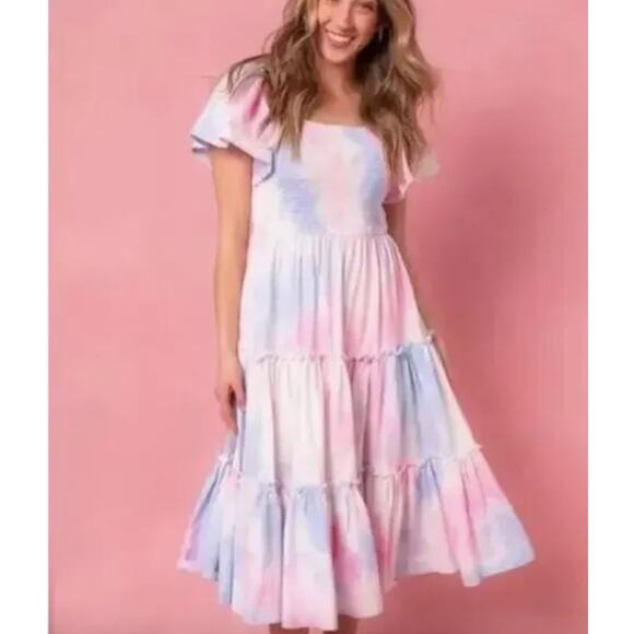 Ivy City Co. Cotton Candy Blue Pink Pullover Midi Dress Size M